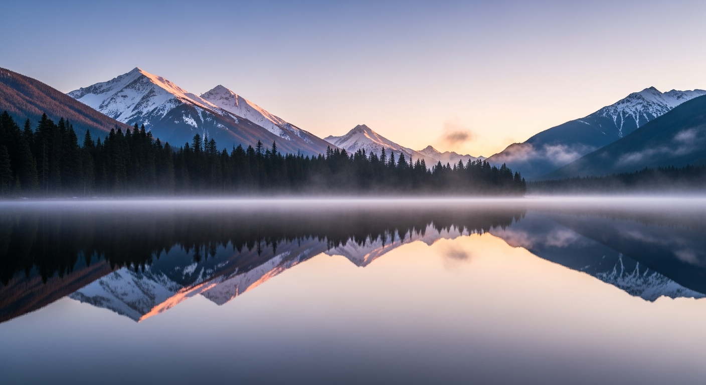 A still mountain lake reflecting peaks at dawn — evoking wisdom, discretion and trust