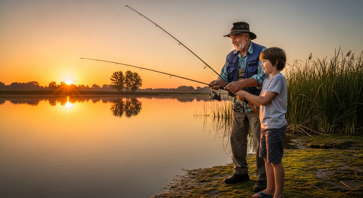 A wise elder teaching a young person to fish — passing down generational wisdom